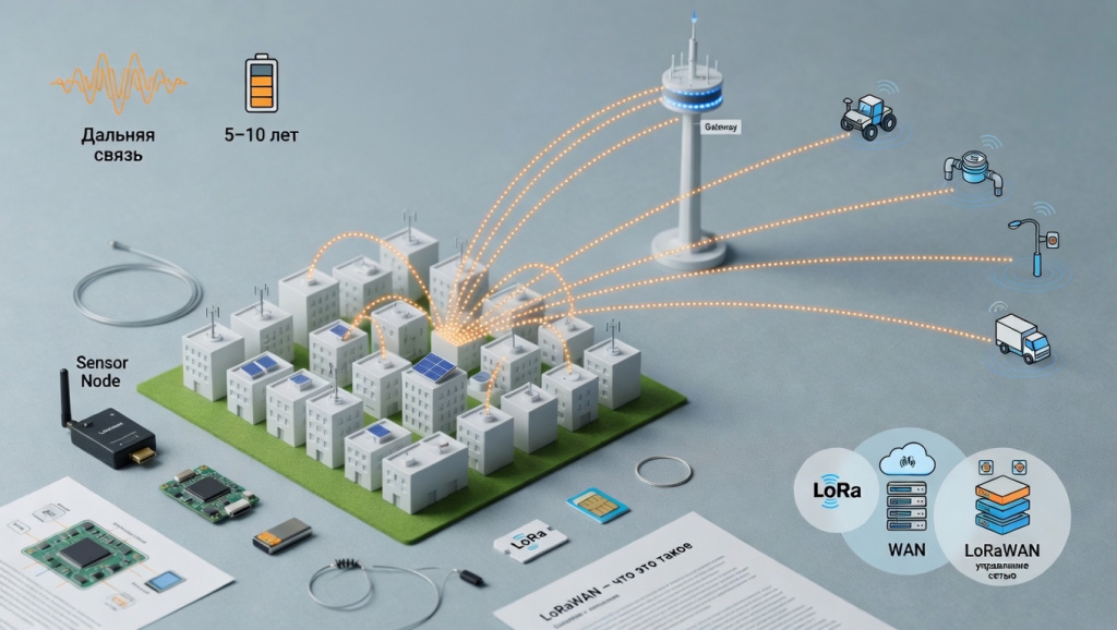 Схема работы сети LoRaWAN — устройства, базовая станция и облачный сервер платформы КОМЕТА